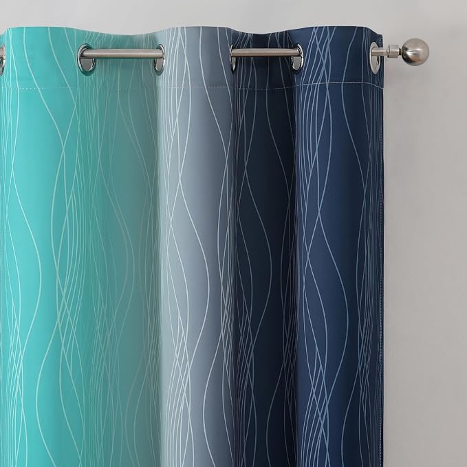 Estelar Textiler Teal and Navy Blue Blackout Curtains for Boys Bedroom, Full Room Darkening Grommet Ombre Curtains for Living Room, Thermal Insulated Light Blocking Gradient Drapes, 42Wx63L, 2 Panels