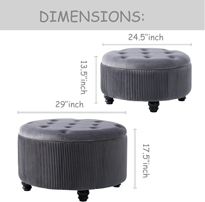 29&24.5inch Large Round Storage Ottoman Coffee Table Set of 2 Modern Button Storage Coffee Table with Removable Lid for Living Room Upholstered Footrest Stool for Bedroom (Large-Grey)