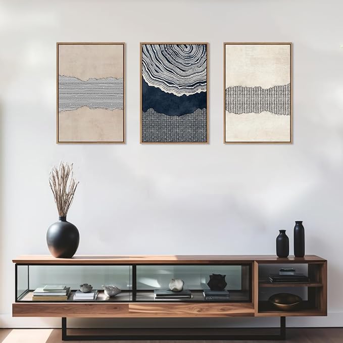LHIUEM Large Abstract Navy Blue Beige Framed Canvas Wall Art,Modern Tree Rings Shapes Wall Decor,Neutral Retro Wooden Artwork for Living Room,Bedroom,Dining Room,Office -24"x36"x3