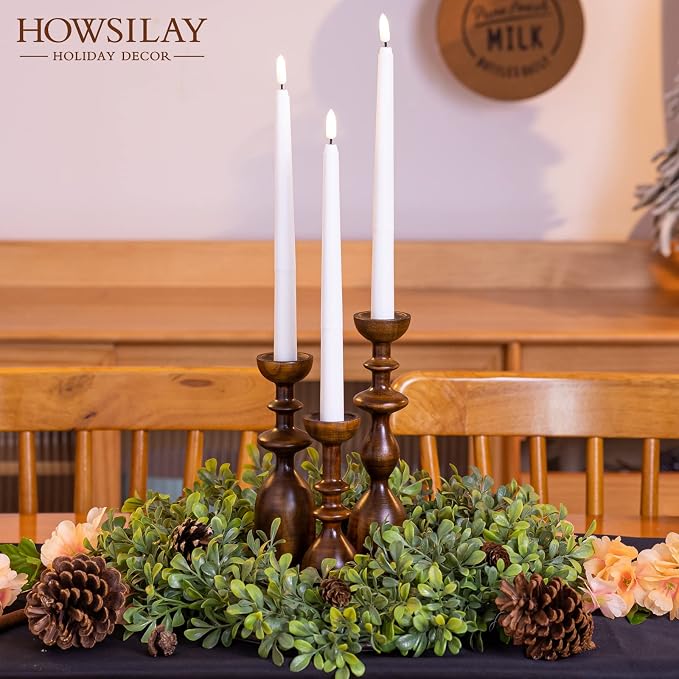 HOWSILAY Wood Candle Holders Set of 3, Fits Taper & Pillar Candles Brown | Solid Wood, 3 Assorted Heights, Farmhouse Table Centerpiece, Fits Taper LED Tea Pillar Candles, Non-Slip Base, Gift Box