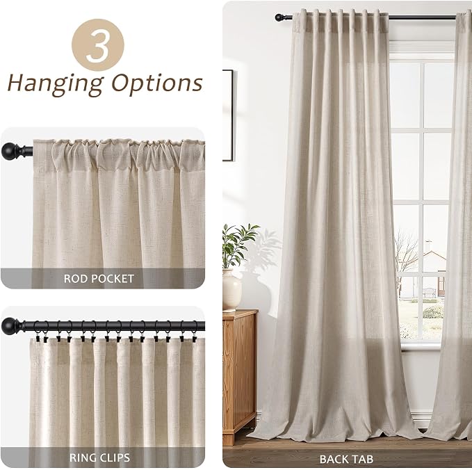 Aersas Cobblestone Linen Curtains 102 Inches Length for Living Room Flax Texture Wave Fabric Semi Sheer with Rod Pocket Back Tab for Bedroom Balcony Light Filtering Neutral Home Decor 52x102