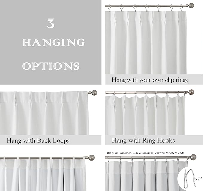 White Pinch Pleated Full Blackout Curtains Linen Texture Thermal Insulated Window Treatment Panel 84 Inch Long for Living Room Bedroom Noise Reducing Back Tab Drapes with Hooks, 1 Panel, 60"Wx84"L