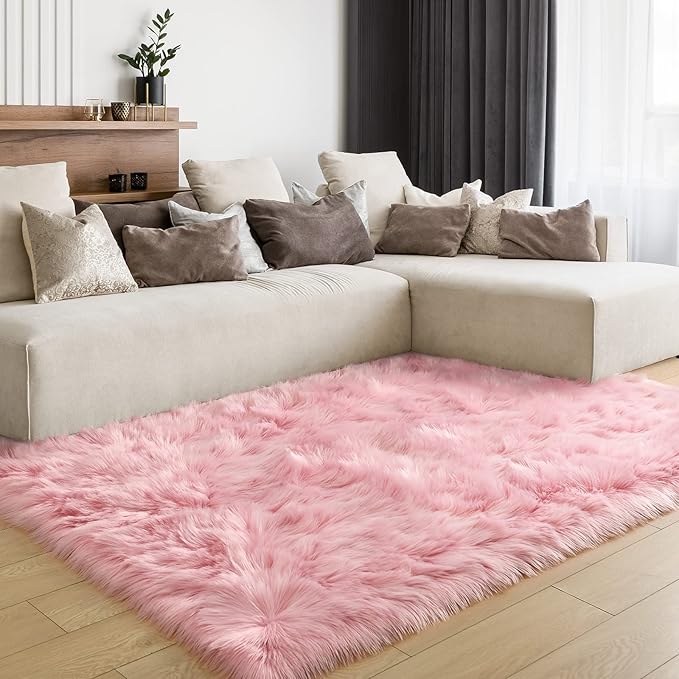 LOCHAS Soft Fluffy Faux Fur Rugs for Bedroom Bedside Rug 3x5 Feet, Washable, Furry Sheepskin Area Rug for Living Room Girls Room, Luxury Shag Carpet Home Decor, Pink