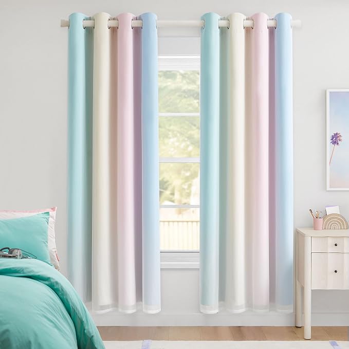 Rainbow Ombre 100% Blackout Curtains 72 Inches Long 2 Panels for Kids Bedroom Living Room Double Layer Sheer Overlay Mix & Match Grommet Thermal Insulated Soundproof Drapes with Tiebacks