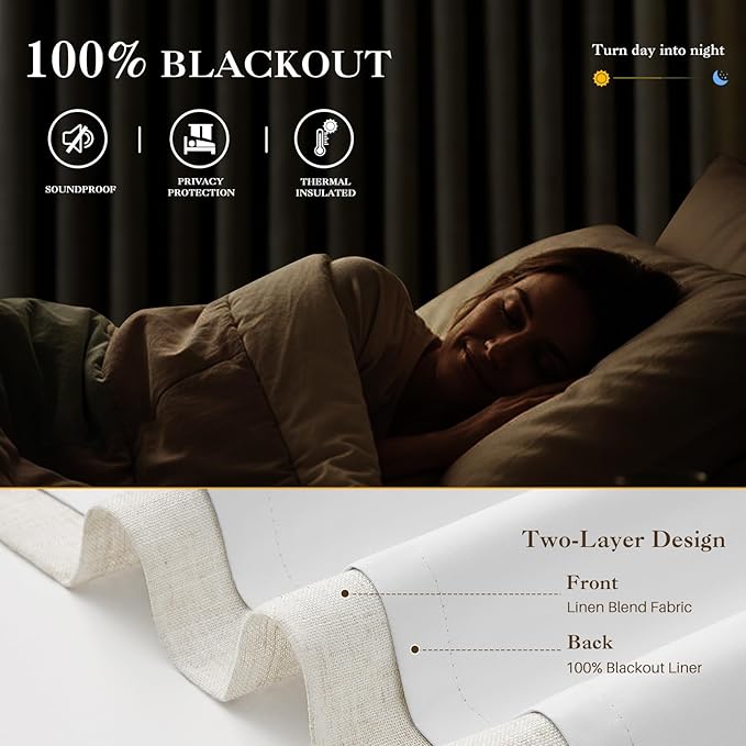 Natural Linen Blend Pinch Pleated 100% Blackout Curtains for Bedroom - 2 Pages Black Out Curtains 120 Inch Long 2 Panel for Living Room Darkening Thermal Window Curtain Drapes with 16pc Hooks, Thick