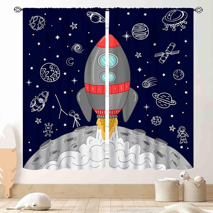 Kids Space Curtains for Boys Room, Cartoon Rocket Universe Galaxy Space Planets Navy Blackout Kids Window Drapery Treatments for Bedroom Living Room Nursery Playroom 2 Panels, 42"x63" Inch