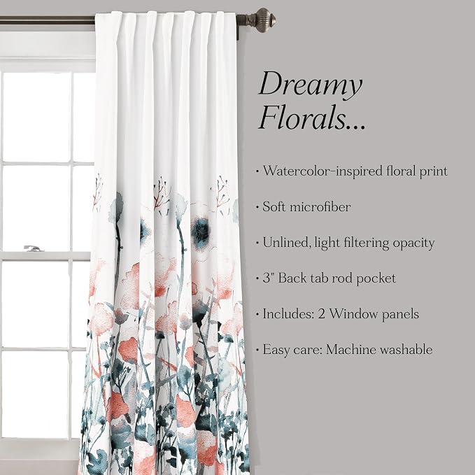 Lush DÉCOR Zuri Flora Curtains Light Filtering Window Panel Set for Living, Dining, Bedroom (Pair), 84 x 52 in, Blue and Coral, 2 Count
