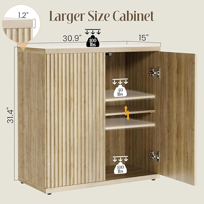 Fluted Buffet Cabinet Sideboard with Storage, Wooden Credenza with 2 Doors & Adjustable Shelf, Modern 15" Deep Accent Cabinet for Living Room, Kitchen Dining Room Entryway,Natural Oak