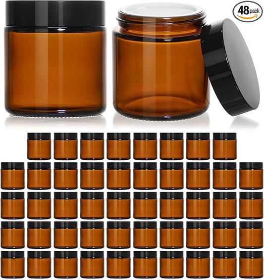 KEYWING 4oz Amber Glass Jars with Black Lids, 48 Pack Empty Cosmetic Containers Small Glass Jars with Inner Liners for Creams, Lotions, Ointments and Powders