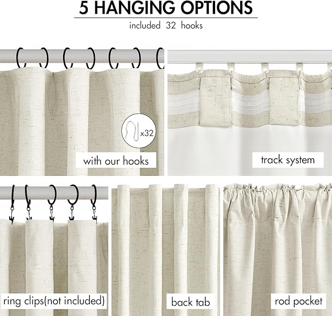 EMEMA Cream White Linen Blackout Curtains 84 inch Long 2 Panels Set for Bedroom Back Tab Thermal Insulated 100% Black Out Drapes Pinch Pleated Hooks Room Darkening Window Curtain for Living Room