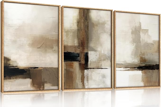 HOURIA Abstract Neutral Vintage Earth Tone Framed Canvas Wall Art Set,Modern Minimalist Rustic Brown Beige Wall Decor,Wabi Sabi Textured Brushstroke Artwork for Living Room,Bedroom,Farmhouse-16"x24"x3