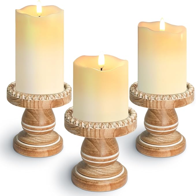Small Candle Holder for Pillar Candle Set of 3, Farmhouse Wood Candle Holder, Rustic Wooden Candle Stand, Vintage Candle Stand Decorative for Living Room, Table Centerpiece, Washed Brown