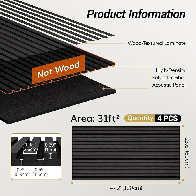 TONOR 4-Pack Acoustic Wood Veneer Wall Panels, 47.2” * 23.6” * 0.74” 3D Self-Adhesive Panel, Dual Layer Soundproof Tiles for Echo Absorption, Decorative Acoustical Barrier, Blackwood Veneer