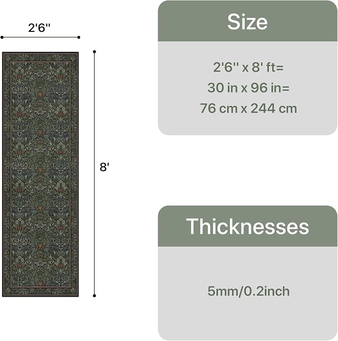 GENIMO 2.5x8 Washable Hallway Runner Rug, Non Slip, Dark Green | Vintage Boho Floral Low Pile Thin Mat for Entryway, Kitchen, Bedroom, Indoor Decor