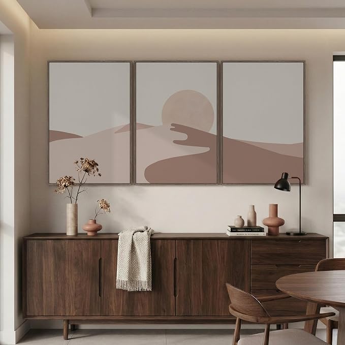 Large Framed Neutral Earth Tone Desert Wall Art for Living Room, 3 Piece Abstract Minimalist Sunset Landscape Canvas Artwork for Walls, Mid Century Modern Boho Wall Decor for Bedroom Hallway, 24x36 In