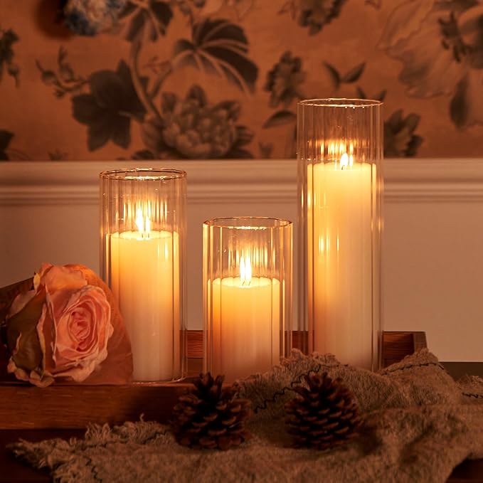Set of 6 White Pillar Candles with Clear Glass Hurricane Holders- Elegant Cylinder Candle Vases for Weddings, Parties, Centerpieces, Home & Office Decor (White, 6 Set-Vase)