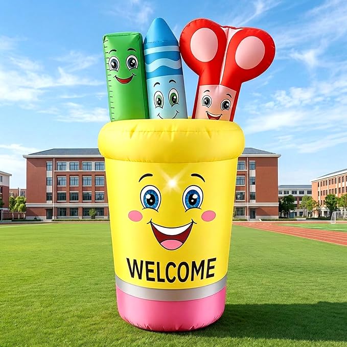 5FT Back to School Inflatable Outdoor Decorations Giant Blow Up Pencil Holder with Crayons & Ruler,Built-in LED Lights for First Day of School Welcome Party Photos Backdrop Classroom Garden Yard Decor