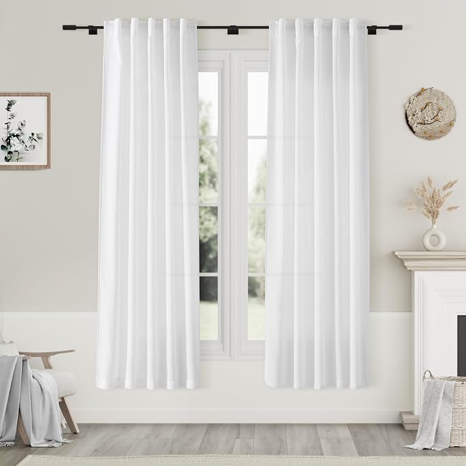 Nanspring White Linen Curtains 70 Inches Long 2 Panels Set Back Tab Rod Pocket Light Filtering Semi Sheer Linen Textured Elegant Farmhouse Airy Privacy Drapes for Bedroom Children Living Room 52x70