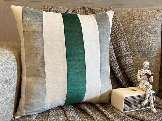 The HomeCentric Striped Decorative Throw Pillow Covers 16" x 16" | Modern Velvet Cushion Cover | Patchwork Emerald Green Pillowcases for Couch, Sofa, Bed, or Living Room - Velvet Band Emerald