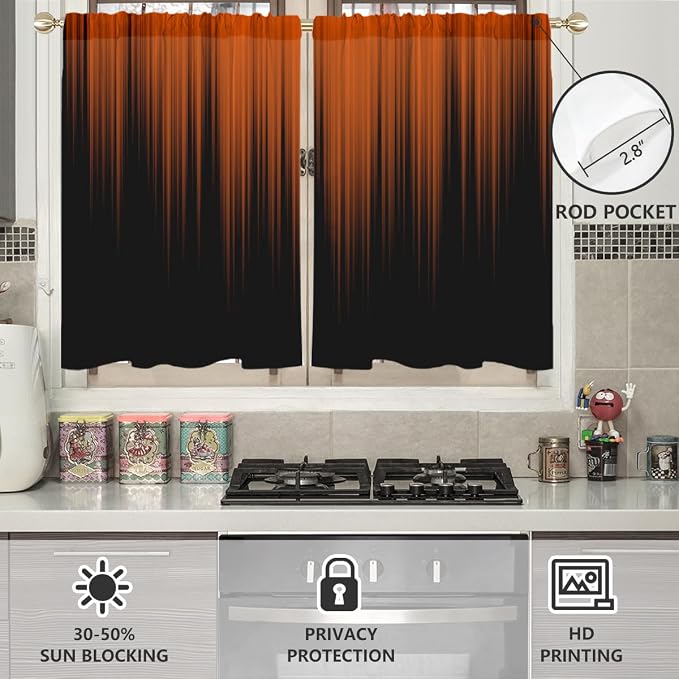 AAtter Orange and Black Kitchen Curtains, Ombre 27.5" W x 39" L, 2 Panels | Terracotta Modern Rod Pocket Drapes, Dark Abstract Striped Style, Trendy Anime Design, Small Short Bathroom Window Tiers