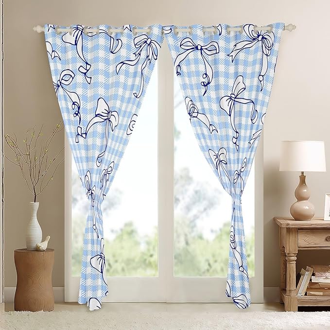 Feelyou Kawaii Bow Room Darkening Blackout Curtain Plaid Girls Bow Curtains for Bedroom Living Room Cute Bowknot Blackout Curtains (2 Panels, 38 x 45 Inch) Lovely Grid Window Treatments