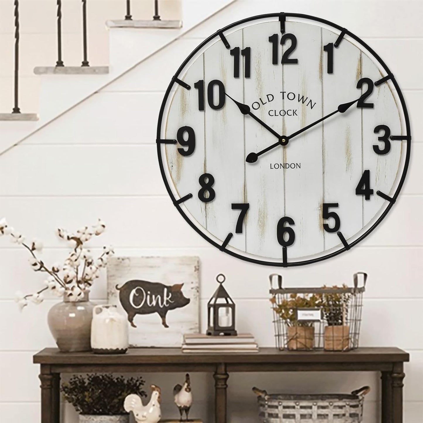 Large Old Town Farmhouse Wall Clock – 24 Inches Rustic Antique Wood with Metal Circle and Large Numerals, Silent Battery Operated Clock for Office, Kitchen, Bedroom, Living Room (Washed White)