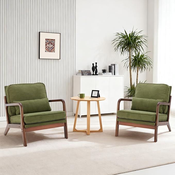 DUMOS Mid Century Modern Accent Chairs Set of 2, Armchair with Lumbar Pillow and Waist Cushion, Solid Wood Frame Lounge Chair for Living Room, Bedroom, Reading Nook, Small Apartment Corner, Green