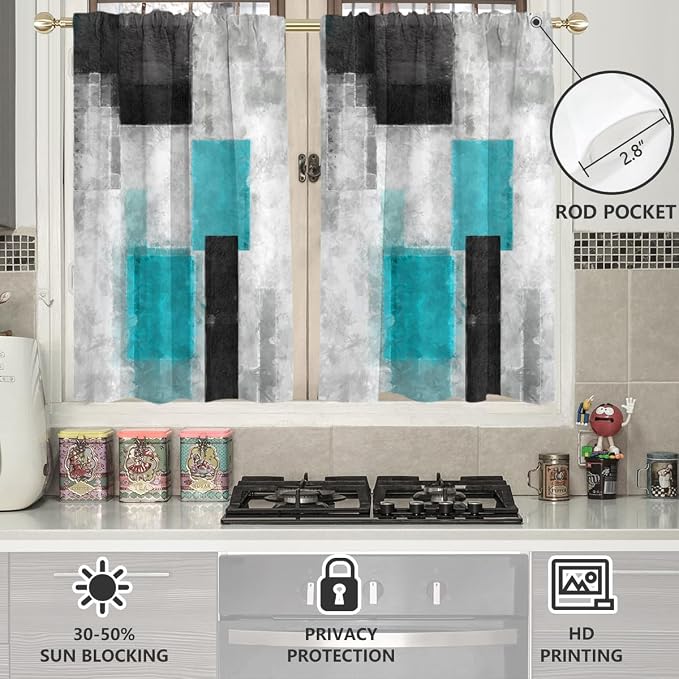 AAtter Teal Black and Grey Window Curtains for Kitchen Turquoise Aqua Gray Silver White Art Small Short Home Living Room Bedroom Bathroom Drapes Treatment Tiers Fabric 1 Pair, 27.5" W x 39" L, Modern