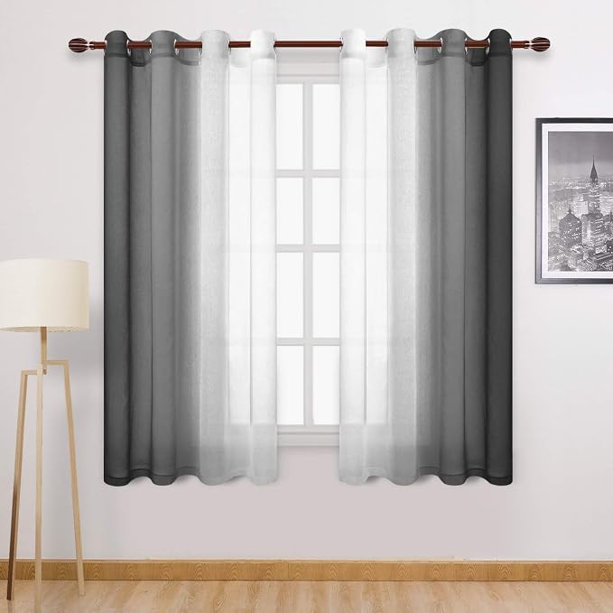 DWCN Black Faux Linen Ombre Sheer Curtains - Gradient Semi Voile Grommet Top Bedroom and Living Room Curtains, Set of 2 Window Curtain Panels, 52 x 72 Inch Length