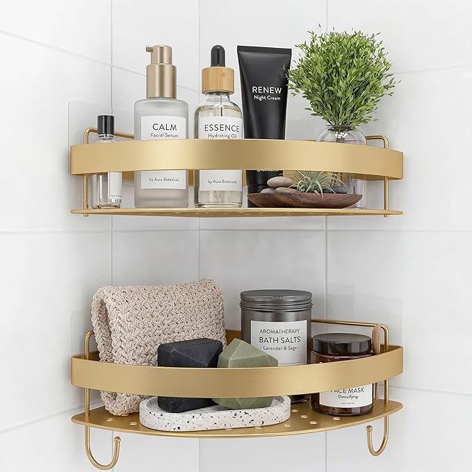 Corner Shower Caddy, 2 Pack Adhesive Gold Shower Organizers, Rustproof Stainless Steel Shower Shelves with 4 Hooks, No Drilling Shelves for Bathroom Storage & Home Decor