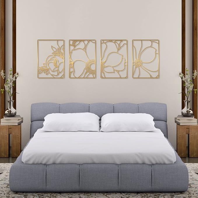 Glamativity Large 4 Pack Gold Wall Art, Minimalist Decor, Real Metal, Nature Floral Abstract, for Bedroom, Living Room, Bathroom (Gold Blossom Style, L Size 22.5 x 15.7'')