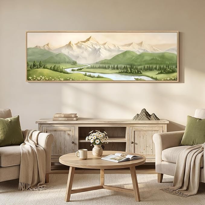 Large Framed Green Landscape Wall Art for Living Room, Long Narrow Modern Mountain Canvas Prints Painting for Walls, Horizontal Nature Pictures Wall Decor for Bedroom Dinning Room Office, 20x60 In