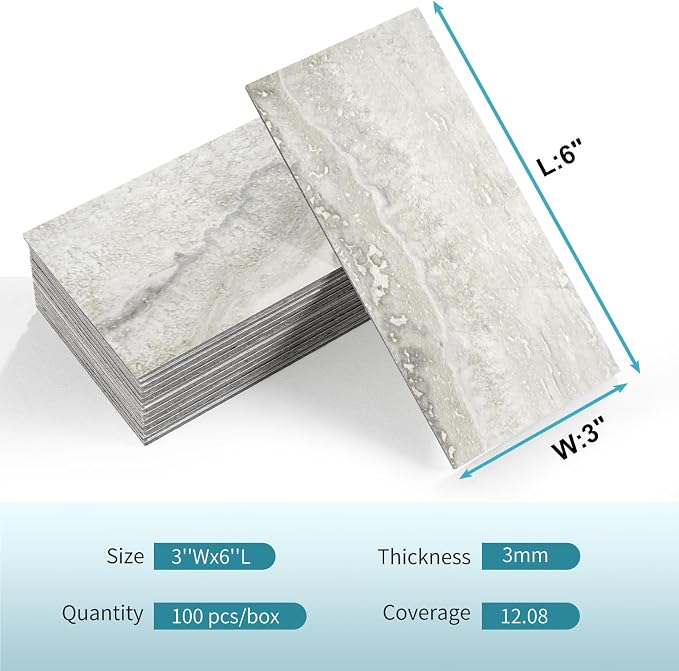Vamos Tile 4-Piece Matt Beige Mixed Grey Slate Peel and Stick Backsplash Seamless Tile,3''x6'' PVC Subway Tile,Stick on Backsplash for Kitchen/Bathroom/Laundry Room