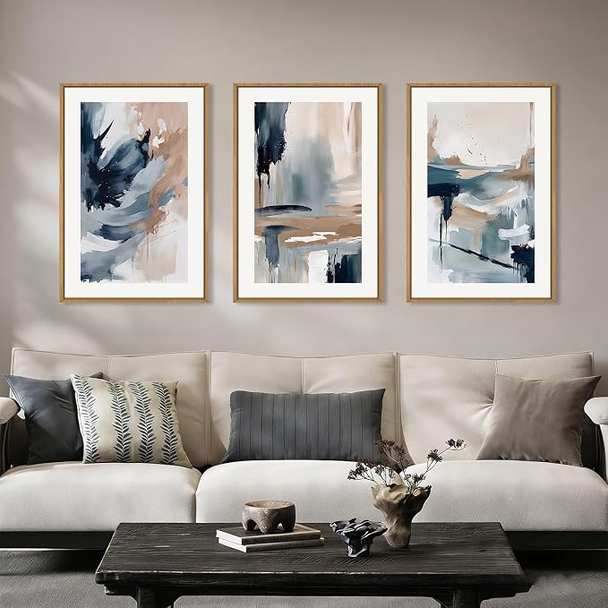 Abstract Navy Blue Framed Canvas Wall Art Set,Neutral Brush Stroke Wall Decor,Watercolor Pastel Brown Artwork,Modern Minimalist Color Block Art Print for Living Room,Bedroom,Office-24 x36 x3
