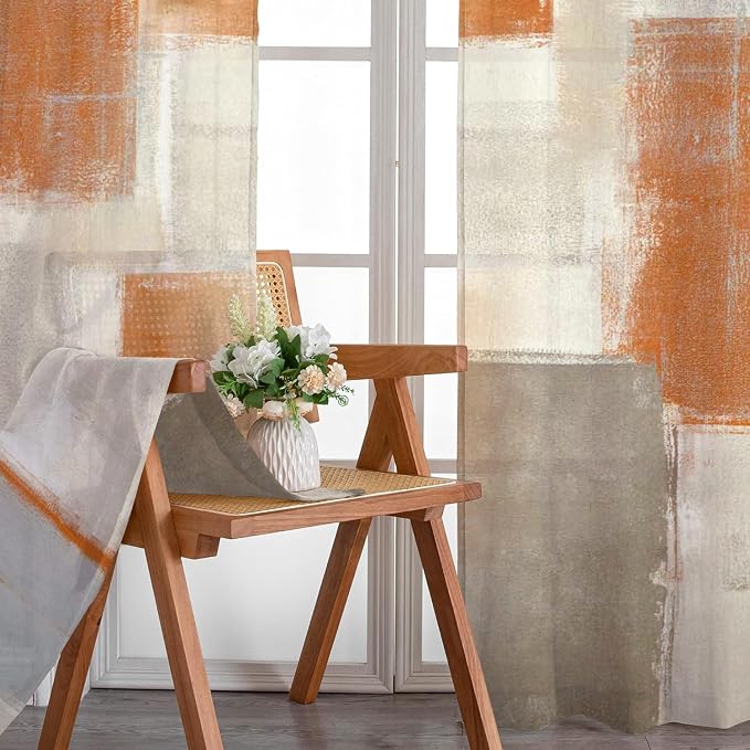 Orange Grey Curtains for Living Room Multicolor Checkered Curtains 63 Inch Length 2 Panels Set, Abstract Geometry Art Window Curtains Bedroom Drapes Rod Pocket