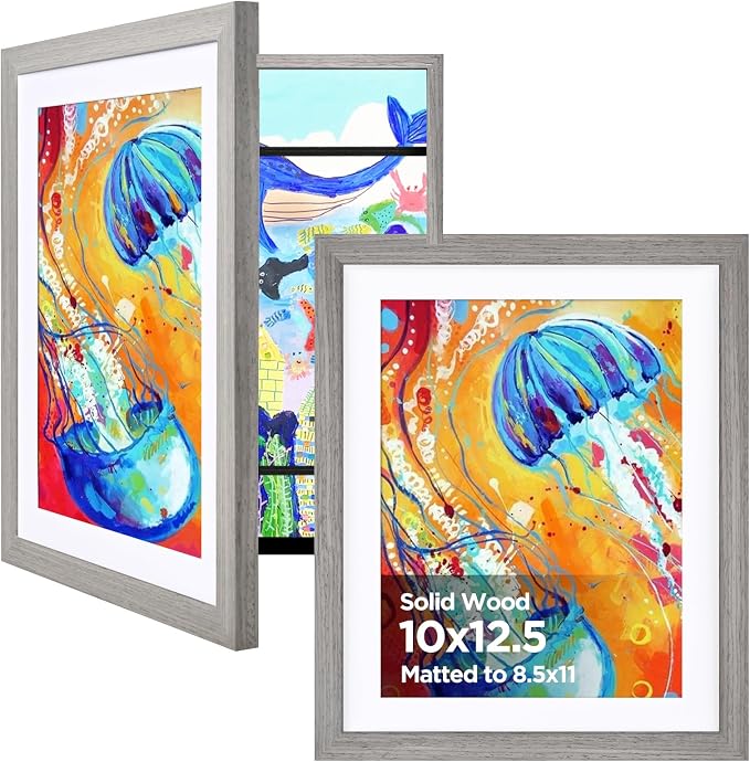 KINLINK 10x12.5 Kids Art Frame 2 Pack, Solid Wood Artwork Frames Changeable, Front Opening Hold 150 Pictures, Art Frames for Kids Artwork, 8.5x11 with Mat 10x12.5 without Mat, Picture Frames Grey