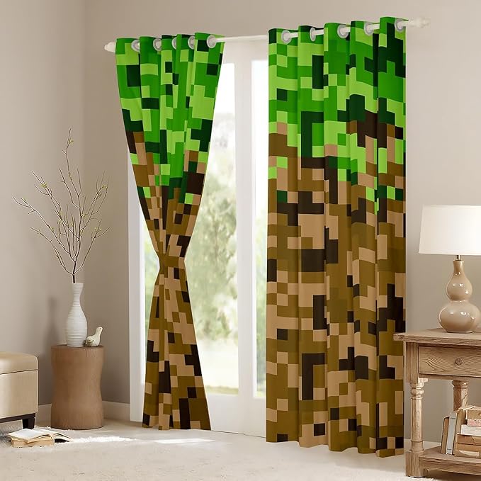 Miner Style Square Grid Window Curtain,Brown Green Pixel Blackout Curtains for Kids Boys Teens Men Room Decor,Cartoon Gamepad Modern Window Treatment Curtain Pixelated Games Window Drapes,52Wx96L
