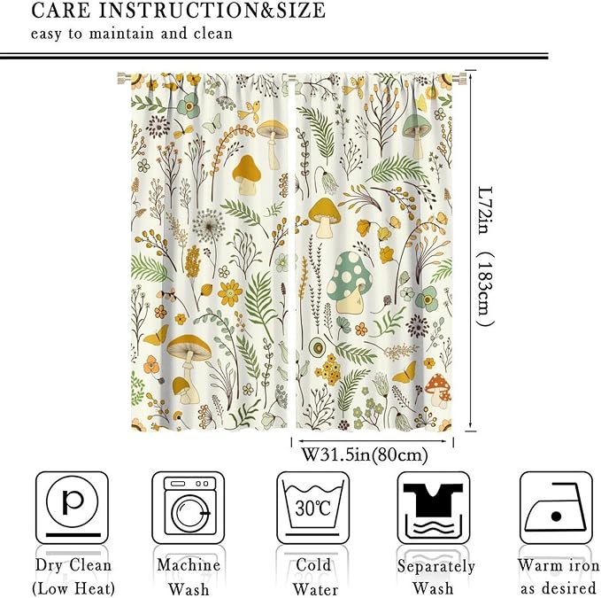 Wild Mushroom Curtains, Vintage Botanical Rustic Retro Wildflower Herbs Plants Green Mushroom Blackout Window Treatments for Living Room Kitchen Bedroom 63x72in