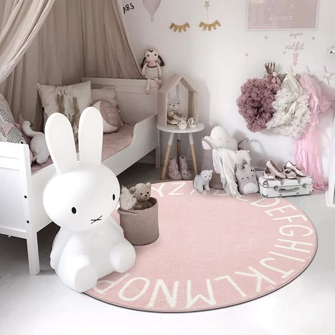 Topotdor Round Kids Play Rug Alphabet Nursery Area Rug Extra Large Soft Crawling Play Mat for Children Toddlers Bedroom (40 inch, Pink)