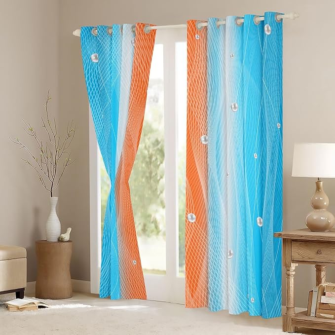 jejeloiu (2 Panels, 52 x 63 Inch Orange and Blue Darkening Drapes Strip Lines Curtains for Bedroom for Kids Women Men Ombre Pearl Printed Blackout Curtains Geometric Window Treatments