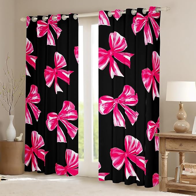 Erosebridal Bowknot Kids Curtain Rose Pink Bow Window Curtain 38" Wx54 L for Boys Girls Teen,Watercolor Bow Tie Window Treatments Black Modern Simple 30%-50% Blackout Curtains for Bedroom
