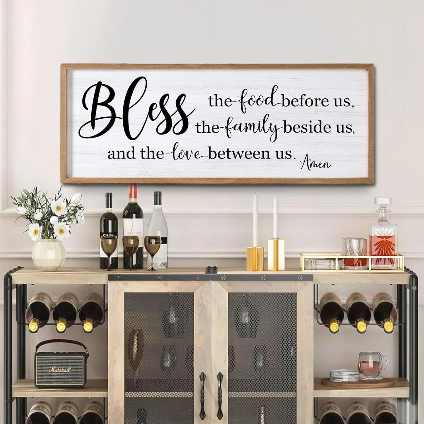 Bless the Food Before Us, the Family Beside Us, and the Love between us Framed Wall Art for Dining Room, 40''×15'' Holy Positive Religious Rustic Bible Verse for Christian God Jesus Christ Prayer