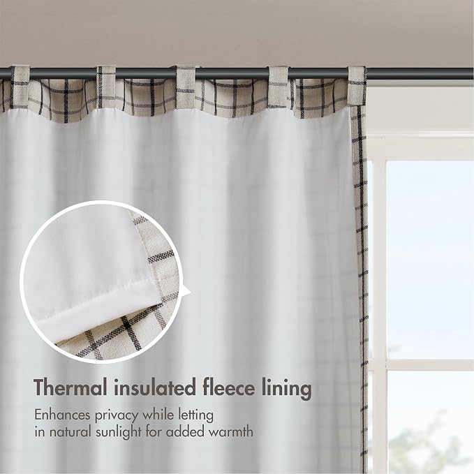 Madison Park Anaheim Cabin Plaid Curtain Window, Thermal Insulated Fleece Lining, Living Room Decor Room Darkening Drape for Bedroom, 1-Single Panel Pack, 50x95, Rod Pocket & Back Tab, Black