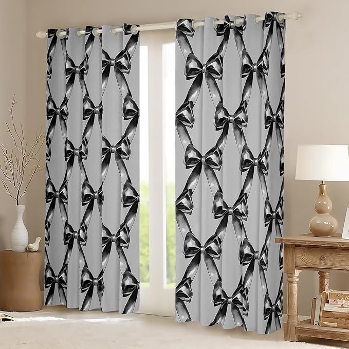 Erosebridal Kids Bow Window Curtain Bowknot 38" Wx45 L Curtain for Boys Girls Teen,Grey Black Bow Tie Window Treatments Ribbon Geometric Bowknot 30%-50% Blackout Curtains for Bedroom