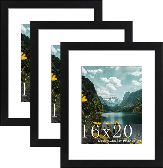 Picrit 16x20 Picture Frame 3 Pack, Black Poster Frame, Display Poster 11 x 14 with Mat or 16 x 20 without Mat for Horizontal or Vertical Wall Mounting
