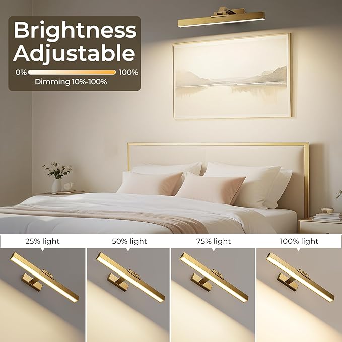 Afyuol Picture Lights for Wall, Brass Battery Operated Picture Light 16in Art Light CCT Dimmable Recharging Battery Wall Light with Remote Control for Living Room Gallery