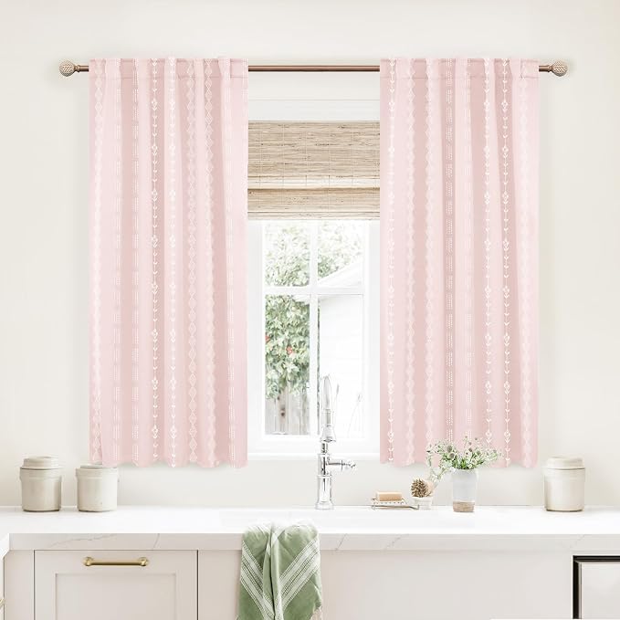 Lino Rosa Light Pink Striped Curtains for Girls Room, Semi Blackout Nursery Curtains Baby Girl, Short Boho Cute Curtains for Bedroom