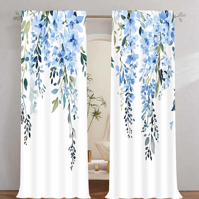 Blue Watercolor Floral Curtains, Botanical Leaves Vine Flowers Curtain, Rustic Farmhouse Flower Leaf Blackout Window Treatment Drapes for Bedroom Living Room 52x90 inch, 2 Panels