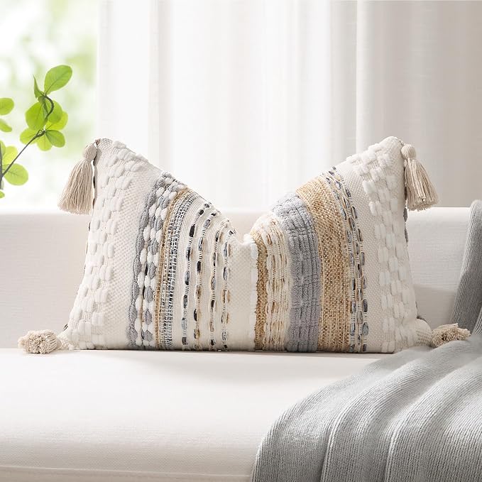 Kevin Textile 12x24 Inch Spring Lumbar Throw Pillow Cover 1 Pack Boho Decorative Soft Chenille Thread Woven Tufted Textured Rectangle Cushion Case Accent for Living Room Couch Sofa Bed, Beige