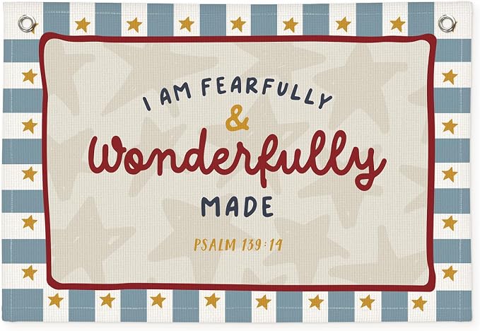 Wheatwin Fearfully And Wonderfully Made Nursery Wall Decor, Vintage Kids Room Playroom Bible Verse Christian Wall Hanging Banner, Canvas Decoration for Classroom, Nursery Kids Room